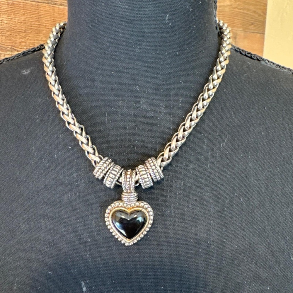 Silver Tone Wheat Chain Necklace Black Heart Stone Pendant Beaded Slider Beads